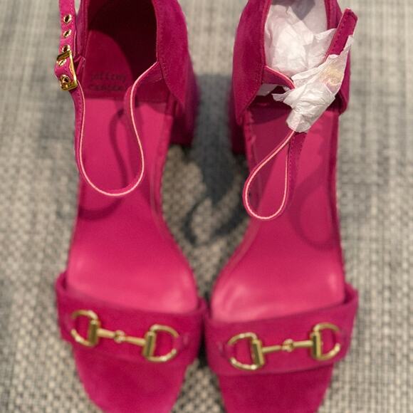 JEFFREY CAMPBELL NWOB Pop-Star-B Block Heel Fuchsia Pink Gold Suede Sandals 10 - Picture 3 of 8